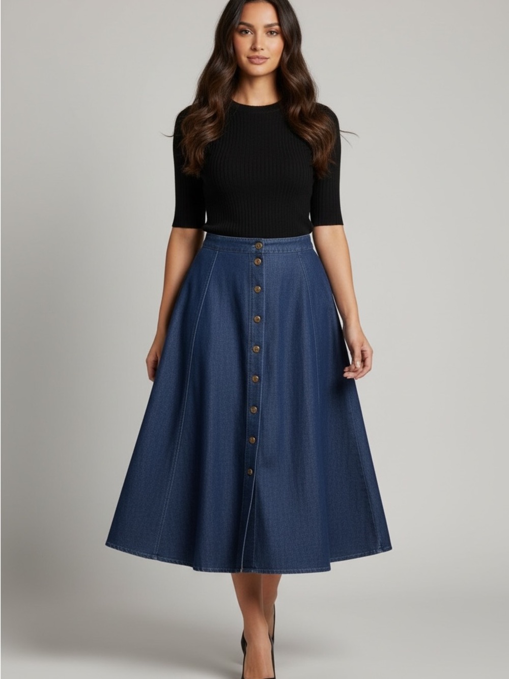 Vintage 80s Classic Button-Front Midi Skirt in Dark Blue Denim 13/14 Cottagcore